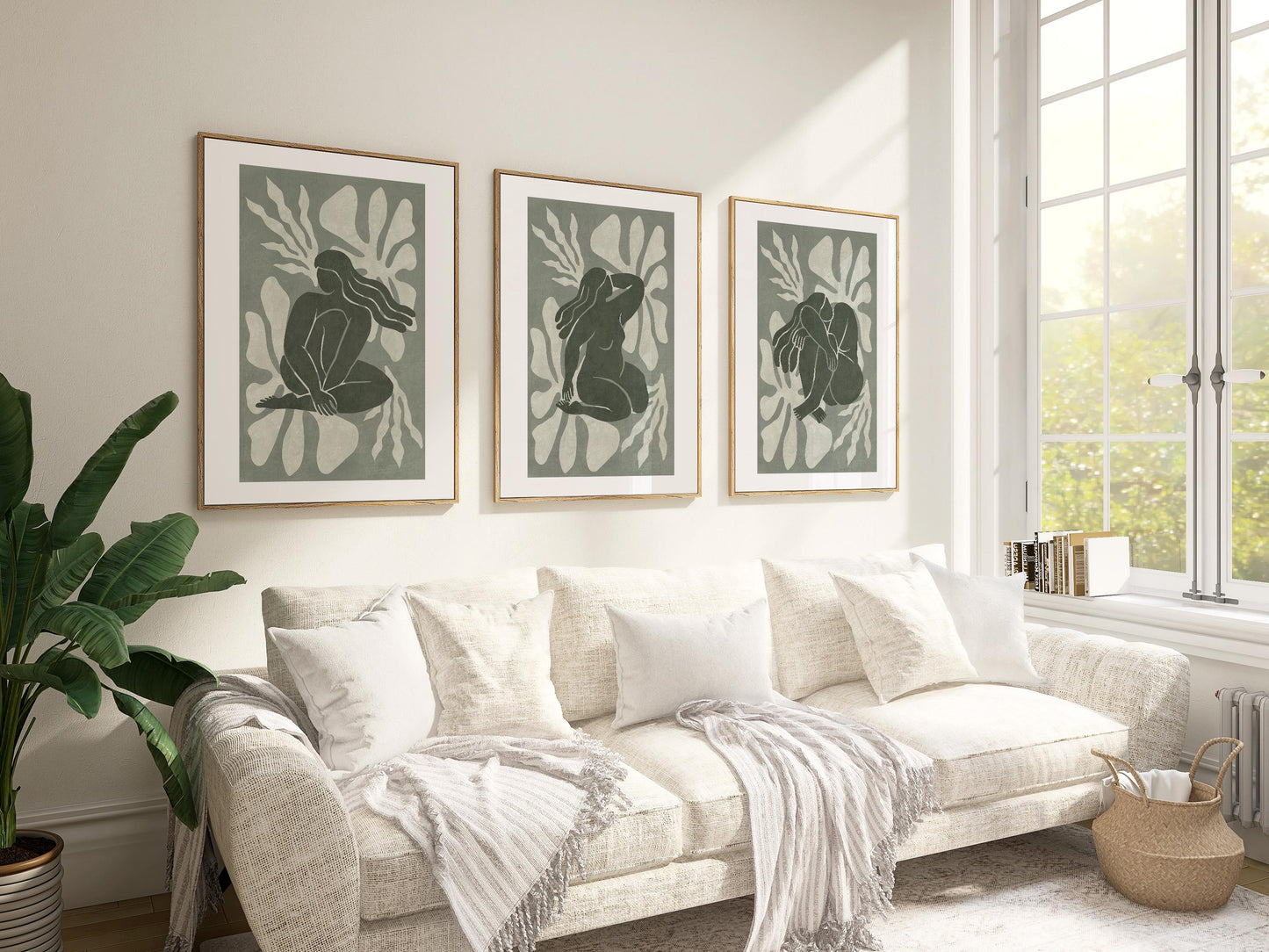 Modern Abstract Female Wall Art Set, Minimalist Boho Gallery Prints in Soft Green, Neutral Aesthetic Decor for Modern Home B165
