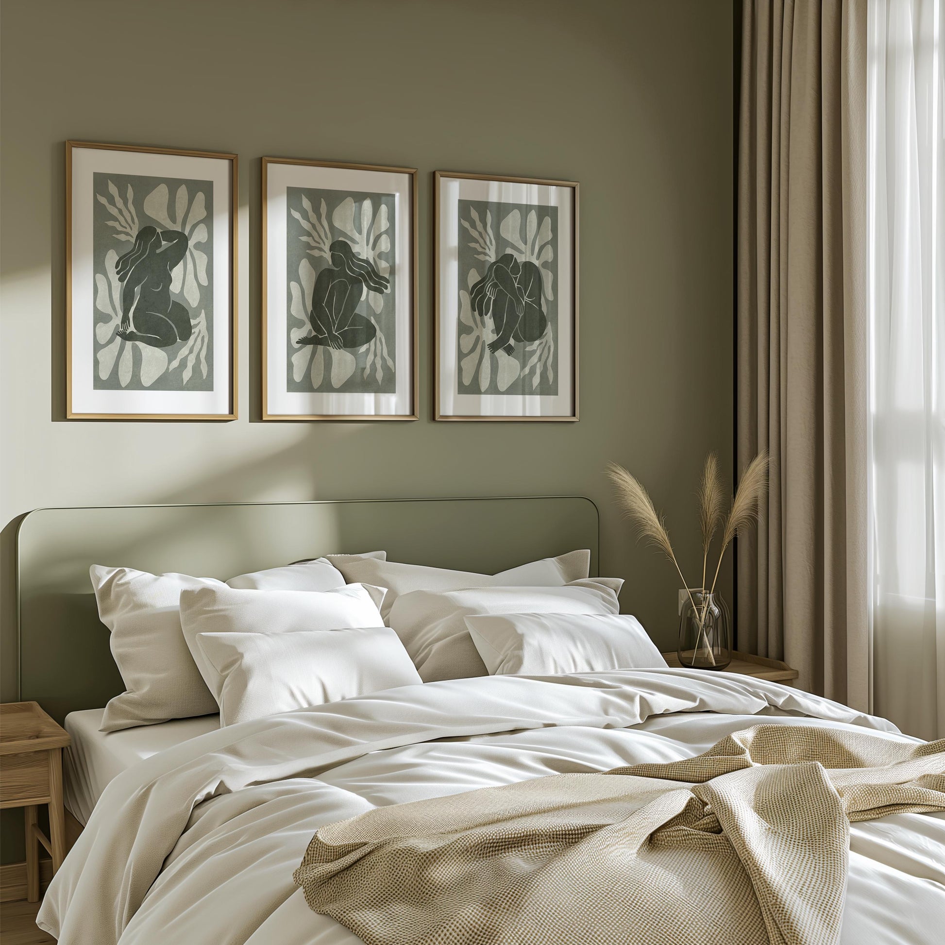 Modern Abstract Female Wall Art Set, Minimalist Boho Gallery Prints in Soft Green, Neutral Aesthetic Decor for Modern Home B165