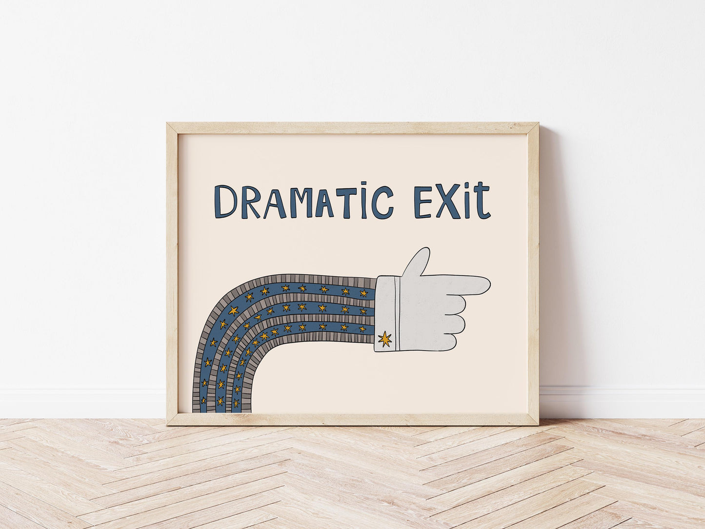 Dramatic Exit Print, Quirky Retro Doodle Poster, Right-Pointing Hand Wall Art for Hallway or Office, Unframed MR46