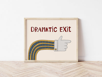 Dramatic Exit Print, Quirky Retro Doodle Poster, Right-Pointing Hand Wall Art for Hallway or Office, Unframed MR46