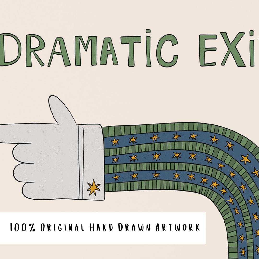 Dramatic Exit Print, Whimsical Retro Doodle Poster, Left-Pointing Hand Wall Art for Entryway or Living Room, Unframed MR47