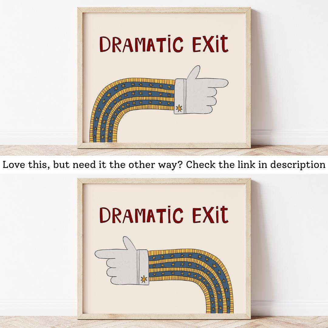 Dramatic Exit Print, Whimsical Retro Doodle Poster, Left-Pointing Hand Wall Art for Entryway or Living Room, Unframed MR47