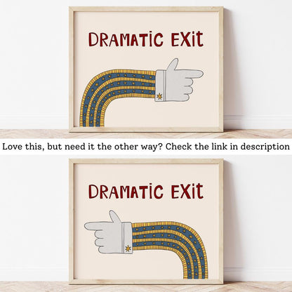 Dramatic Exit Print, Whimsical Retro Doodle Poster, Left-Pointing Hand Wall Art for Entryway or Living Room, Unframed MR47