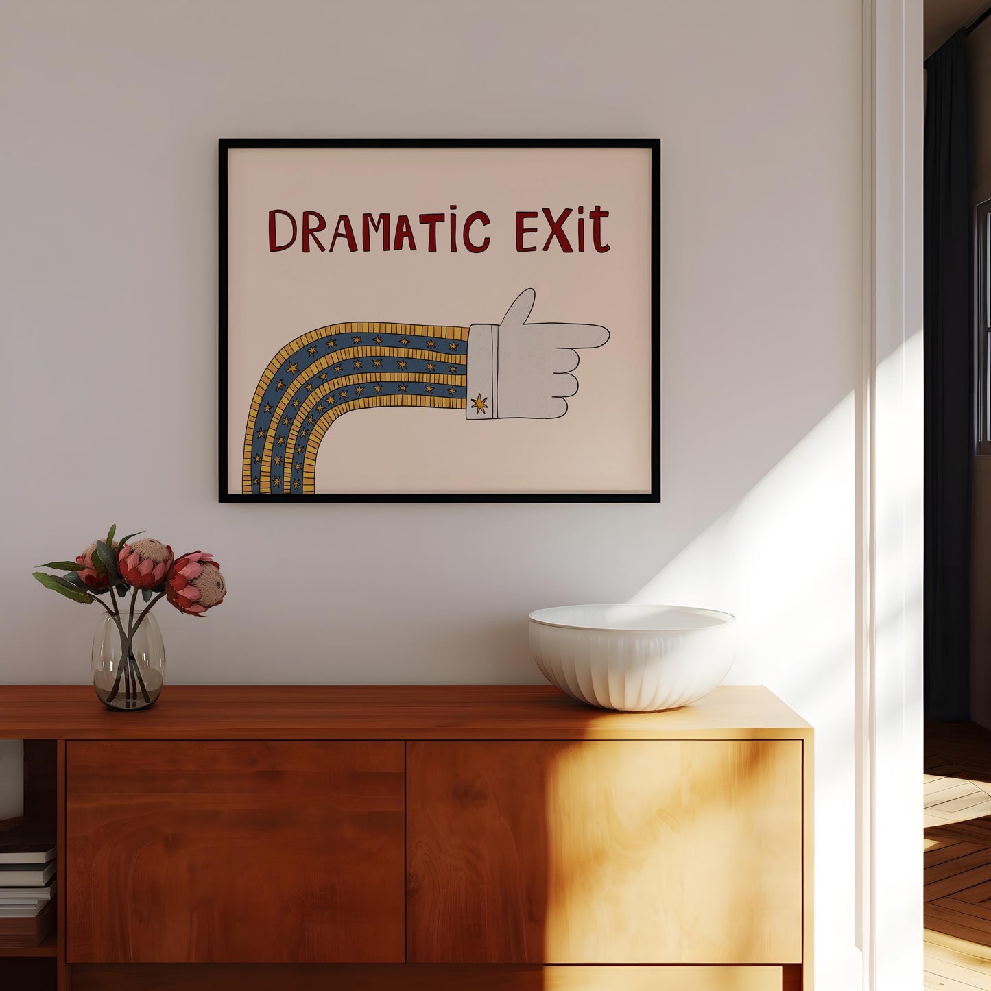 Dramatic Exit Print, Quirky Retro Doodle Poster, Right-Pointing Hand Wall Art for Hallway or Office, Unframed MR46