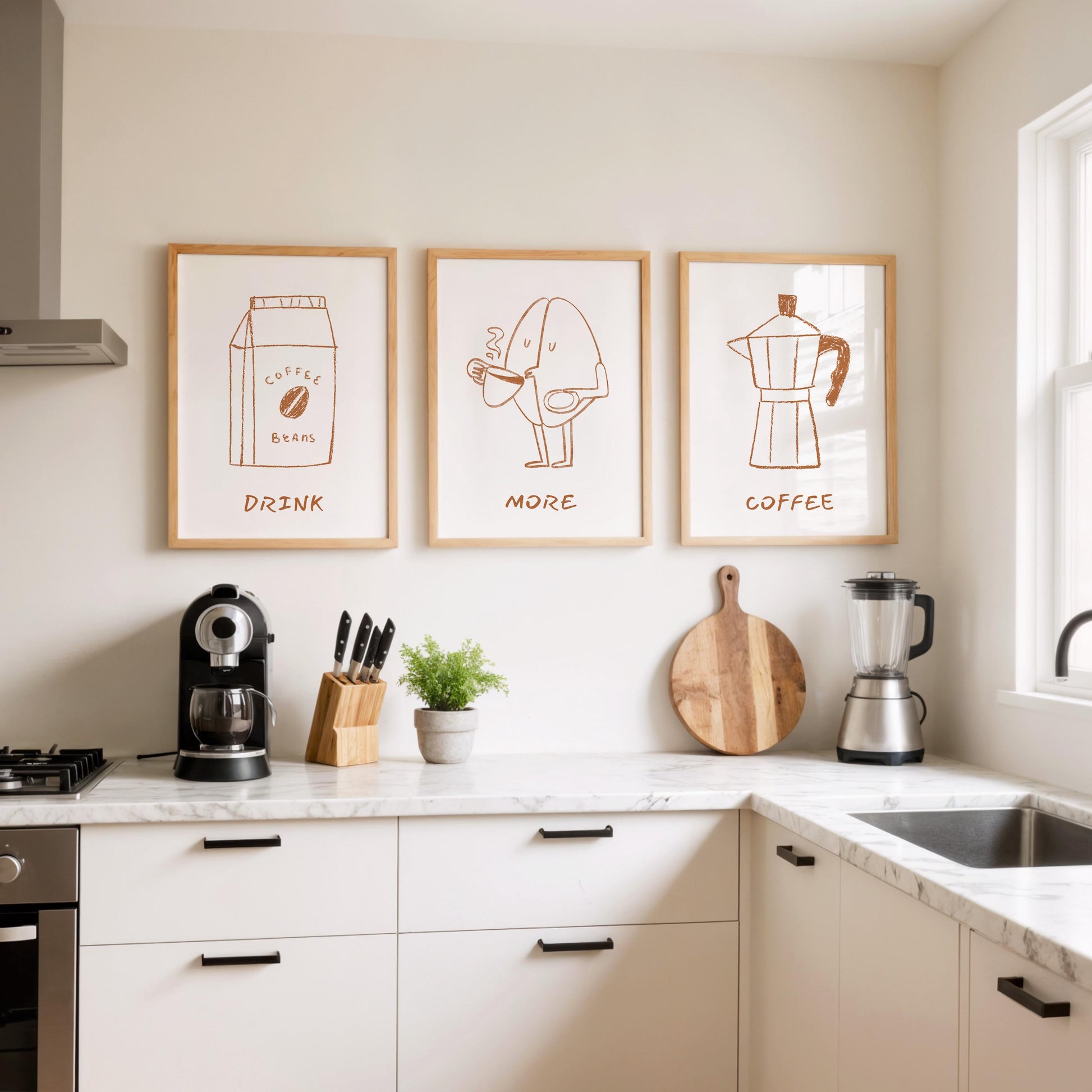 Minimalist Coffee Prints (Set of 3) – Line Art for Kitchen, Dining Room & Bar Decor, Retro Drink Posters D123