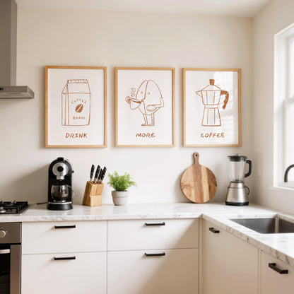 Minimalist Coffee Prints (Set of 3) – Line Art for Kitchen, Dining Room & Bar Decor, Retro Drink Posters D123