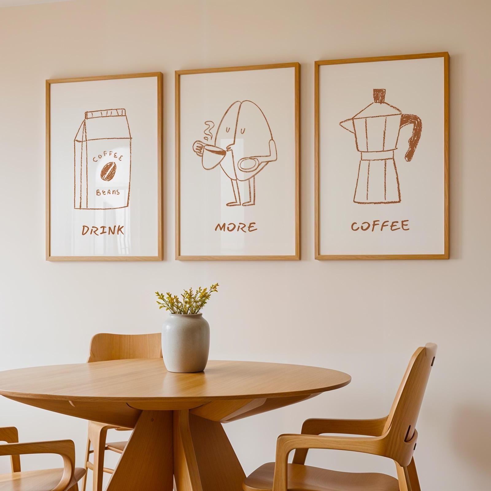 Minimalist Coffee Prints (Set of 3) – Line Art for Kitchen, Dining Room & Bar Decor, Retro Drink Posters D123