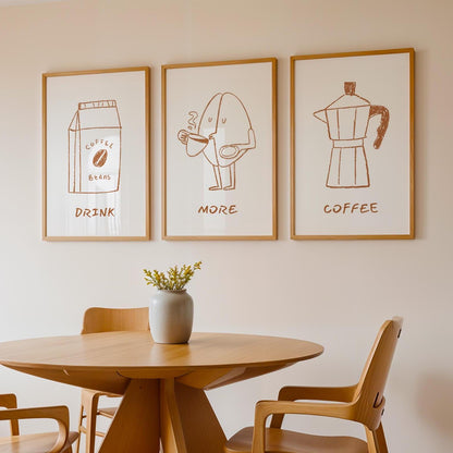 Minimalist Coffee Prints (Set of 3) – Line Art for Kitchen, Dining Room & Bar Decor, Retro Drink Posters D123
