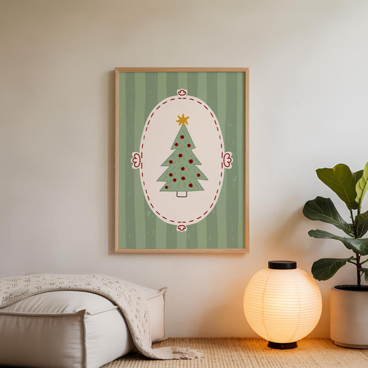 Christmas Tree Wall Art, Scandinavian Holiday Poster, Whimsical Green Christmas Decor for Kids Room, Unframed Print MR50