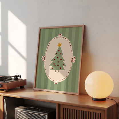 Christmas Tree Wall Art, Scandinavian Holiday Poster, Whimsical Green Christmas Decor for Kids Room, Unframed Print MR50