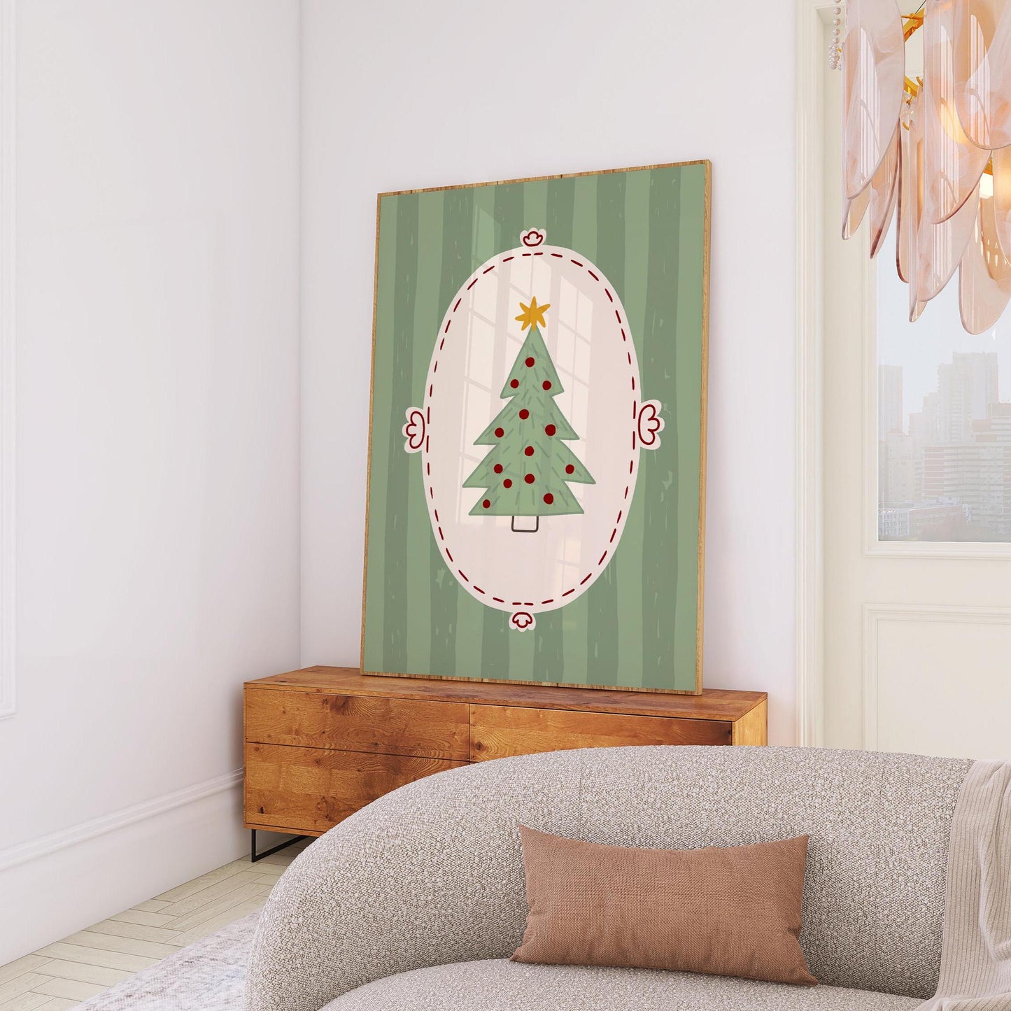 Christmas Tree Wall Art, Scandinavian Holiday Poster, Whimsical Green Christmas Decor for Kids Room, Unframed Print MR50