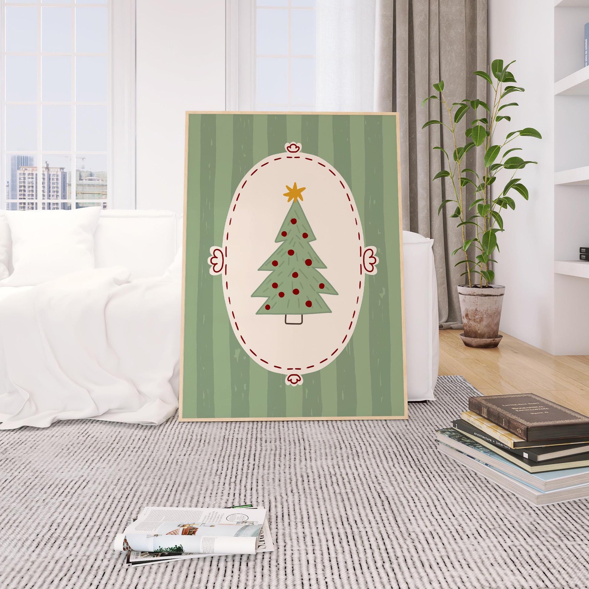 Christmas Tree Wall Art, Scandinavian Holiday Poster, Whimsical Green Christmas Decor for Kids Room, Unframed Print MR50