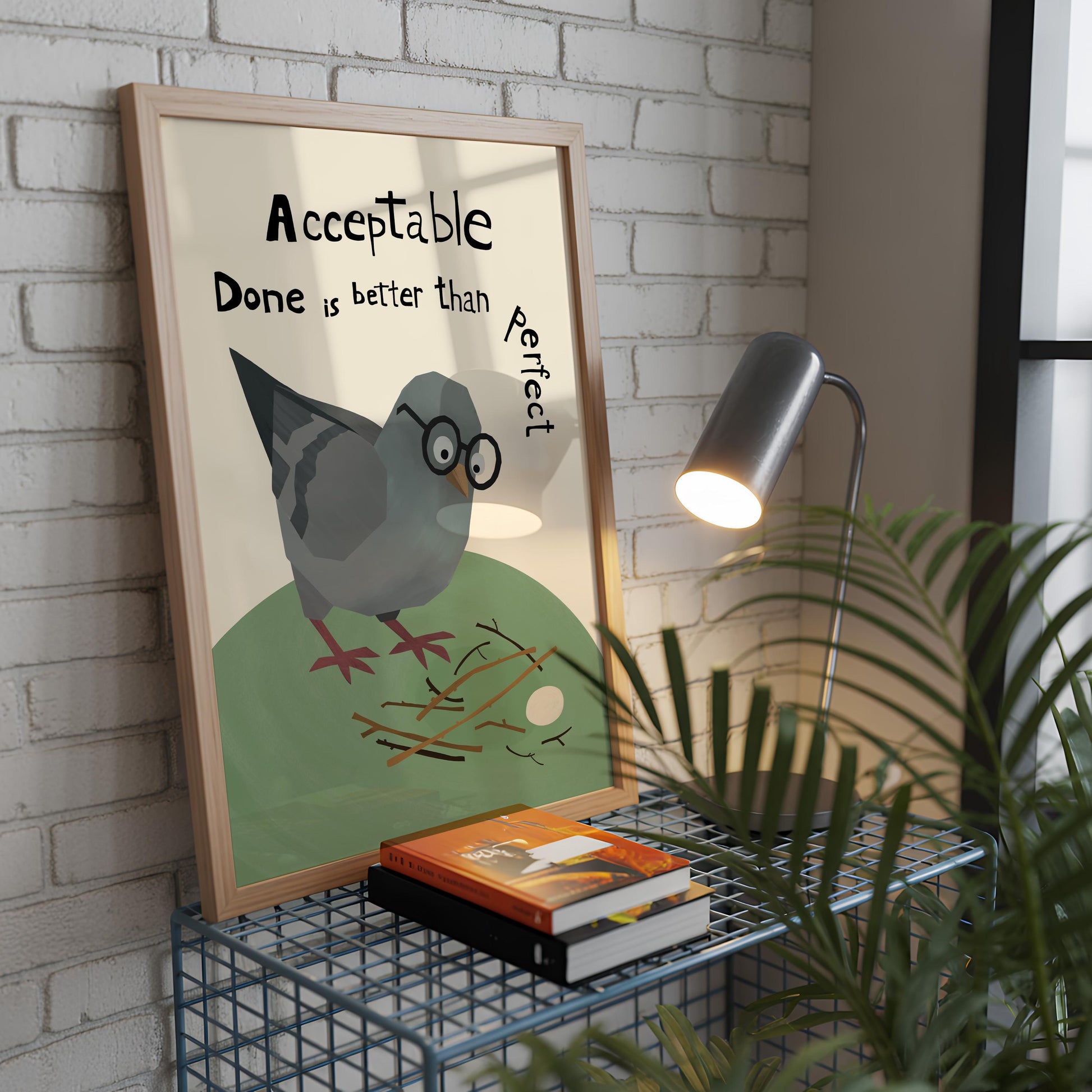 Motivational Poster – Acceptable Nest – Done Is Better Than Perfect – Funny Pigeon Quote Art, Office Wall Decor MR40