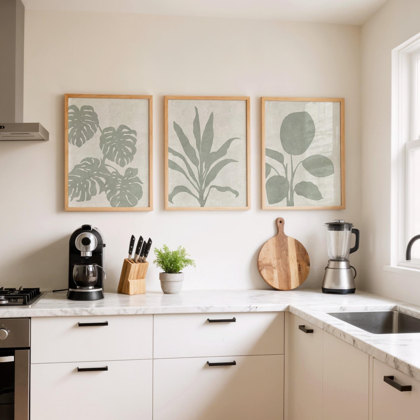 Sage Green Botanical Triptych Wall Art – Set of 3 Leaf Prints, Monstera, Neutral Minimalist, Japandi Scandi Gallery Set B168