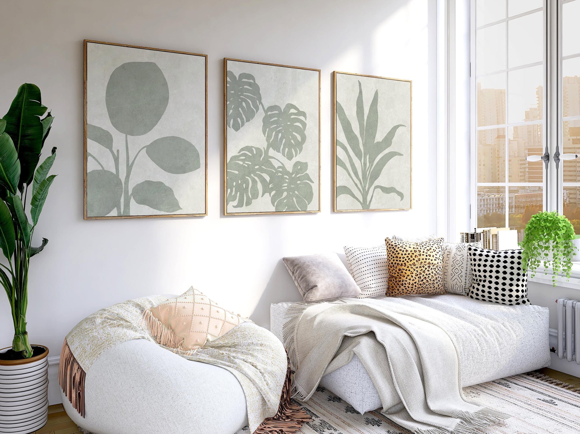 Sage Green Botanical Triptych Wall Art – Set of 3 Leaf Prints, Monstera, Neutral Minimalist, Japandi Scandi Gallery Set B168