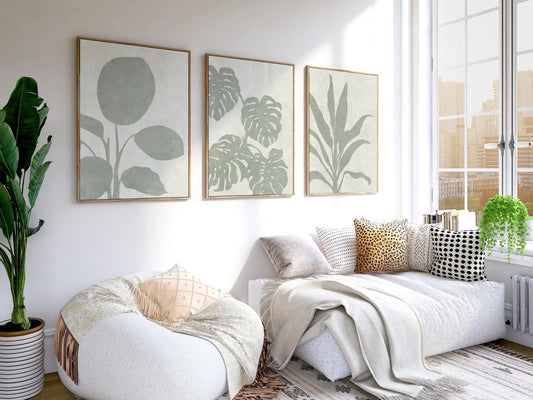 Sage Green Botanical Triptych Wall Art – Set of 3 Leaf Prints, Monstera, Neutral Minimalist, Japandi Scandi Gallery Set B168