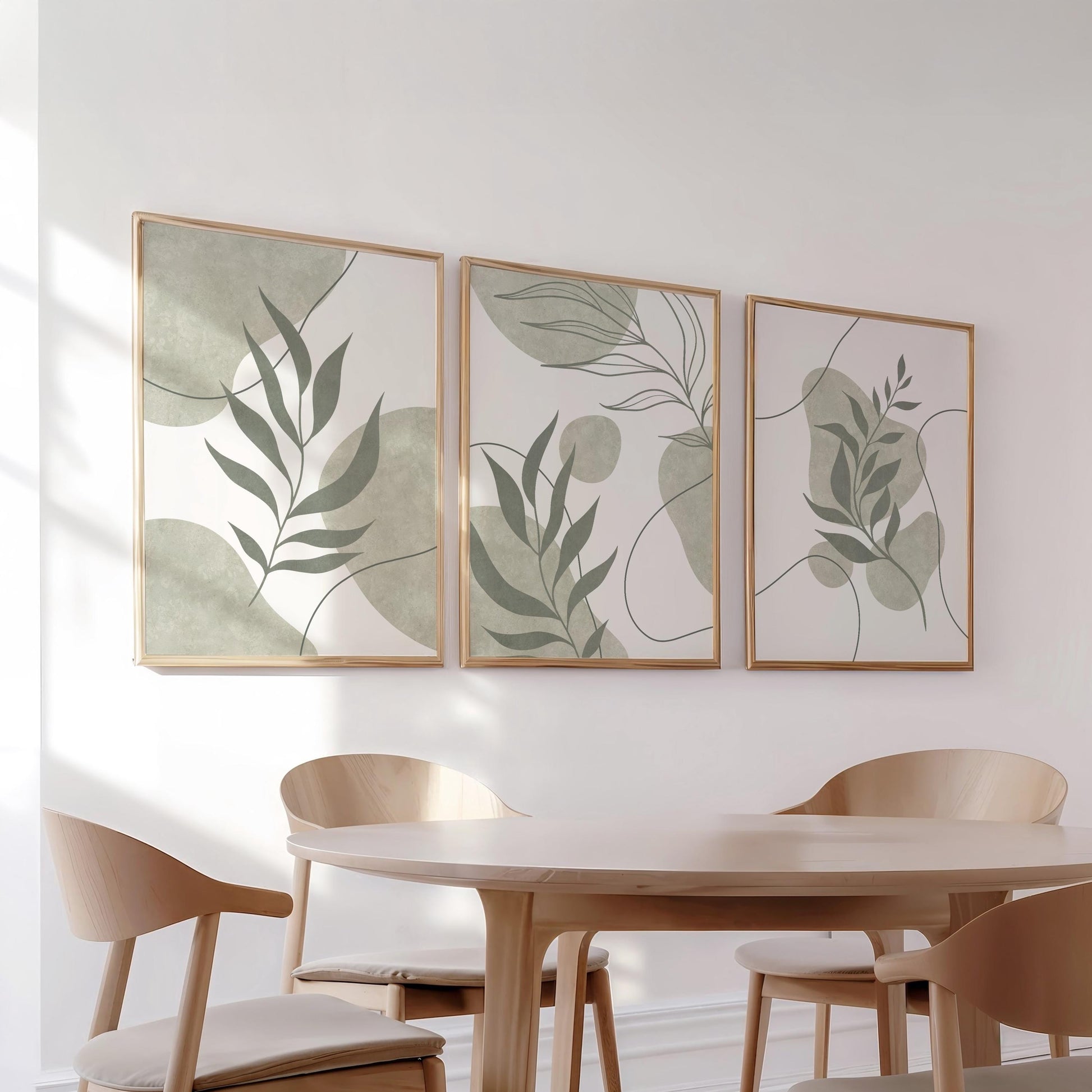 Sage Green Botanical Prints Triptych – Boho Scandi Abstract Leaves Gallery Wall Set, Neutral Leaf Wall Art for Kitchen & Dining B174