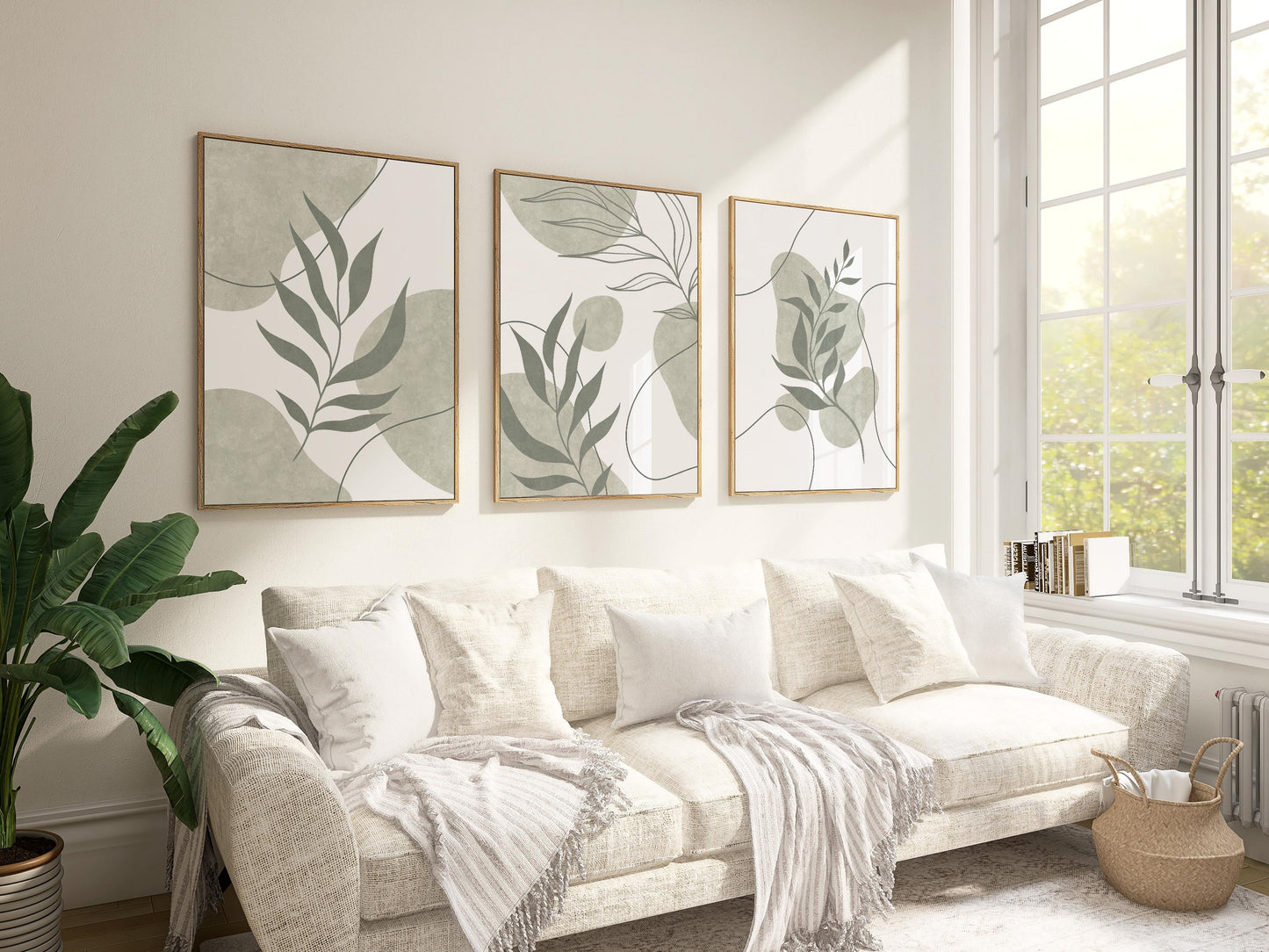 Sage Green Botanical Prints Triptych – Boho Scandi Abstract Leaves Gallery Wall Set, Neutral Leaf Wall Art for Kitchen & Dining B174