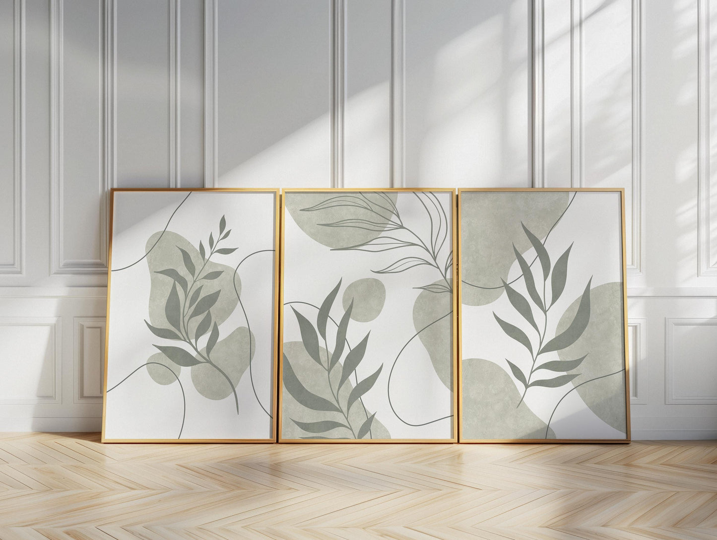 Sage Green Botanical Prints Triptych – Boho Scandi Abstract Leaves Gallery Wall Set, Neutral Leaf Wall Art for Kitchen & Dining B174