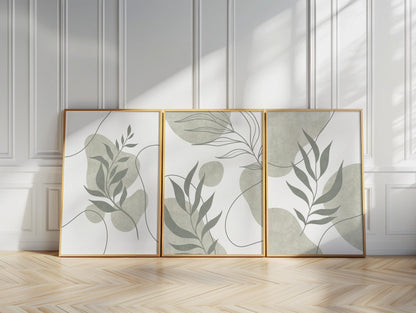 Sage Green Botanical Prints Triptych – Boho Scandi Abstract Leaves Gallery Wall Set, Neutral Leaf Wall Art for Kitchen & Dining B174