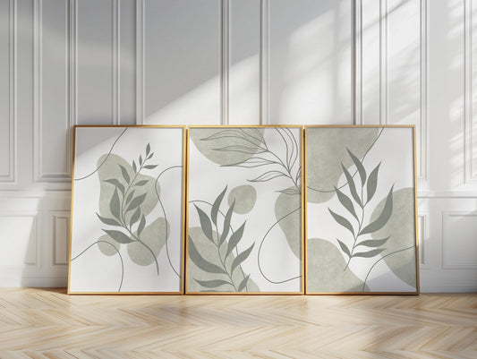 Sage Green Botanical Prints Triptych – Boho Scandi Abstract Leaves Gallery Wall Set, Neutral Leaf Wall Art for Kitchen & Dining B174