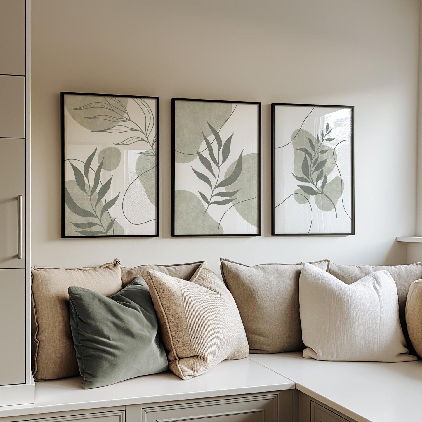 Sage Green Botanical Prints Triptych – Boho Scandi Abstract Leaves Gallery Wall Set, Neutral Leaf Wall Art for Kitchen & Dining B174