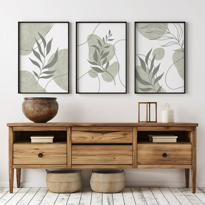 Sage Green Botanical Prints Triptych – Boho Scandi Abstract Leaves Gallery Wall Set, Neutral Leaf Wall Art for Kitchen & Dining B174