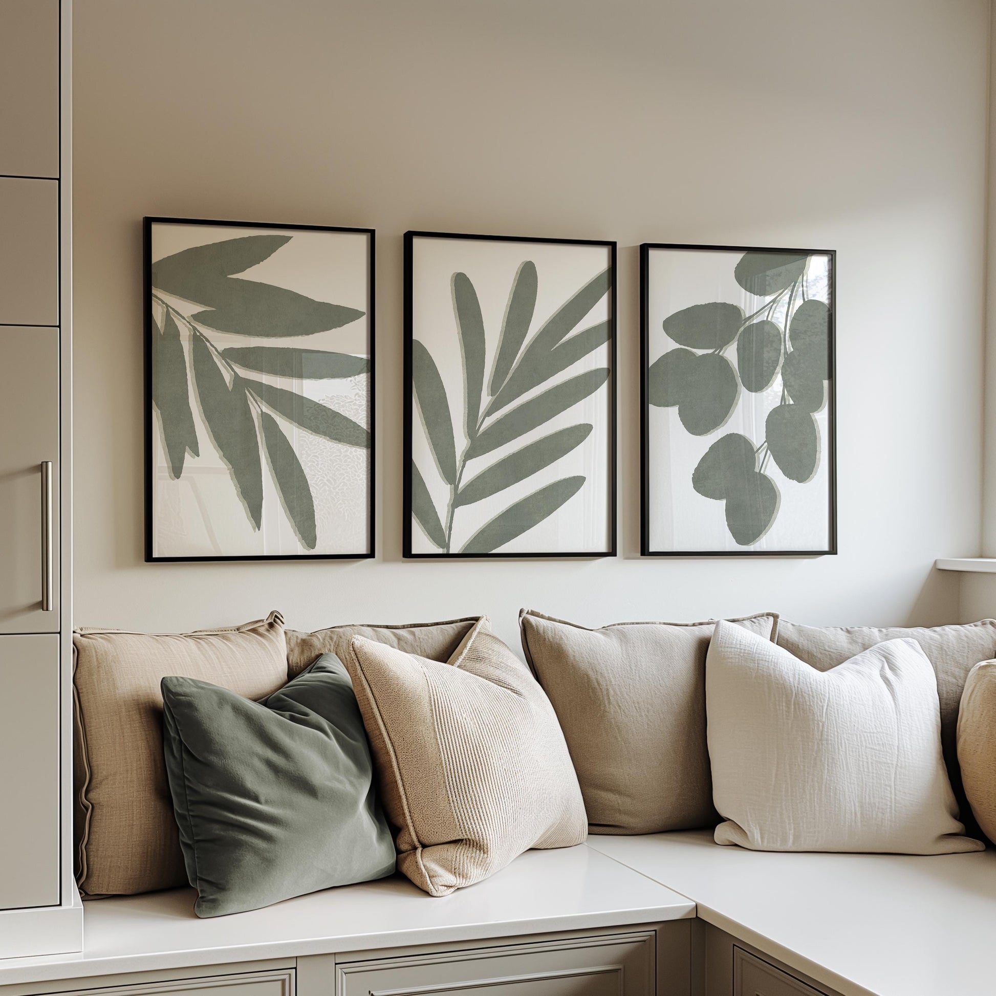 Living Room Wall Art – Sage Green Botanical Prints, Neutral Boho Gallery Wall Set of 3, Scandi, Unframed B191