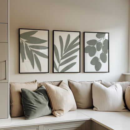 Living Room Wall Art – Sage Green Botanical Prints, Neutral Boho Gallery Wall Set of 3, Scandi, Unframed B191