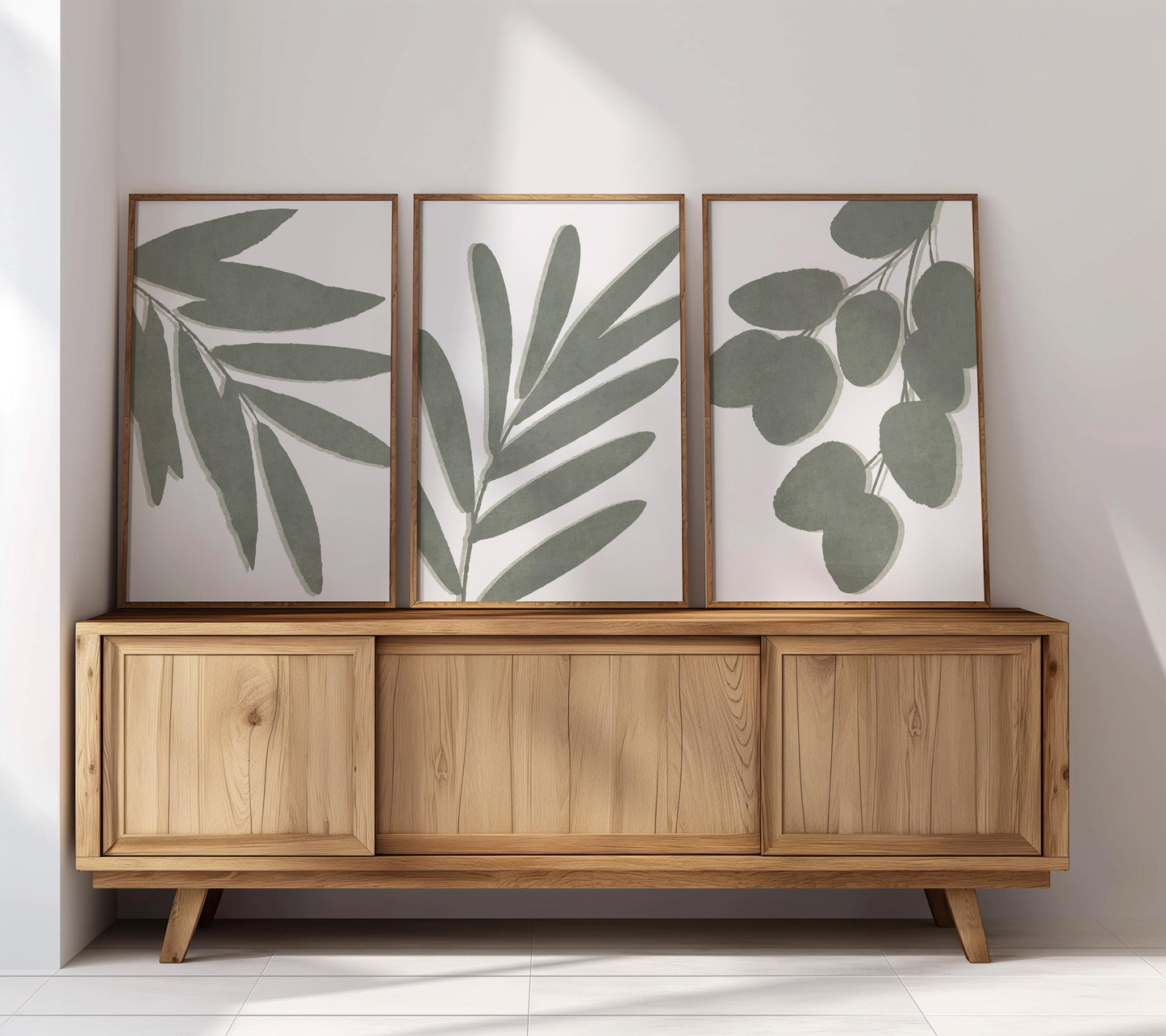 Living Room Wall Art – Sage Green Botanical Prints, Neutral Boho Gallery Wall Set of 3, Scandi, Unframed B191