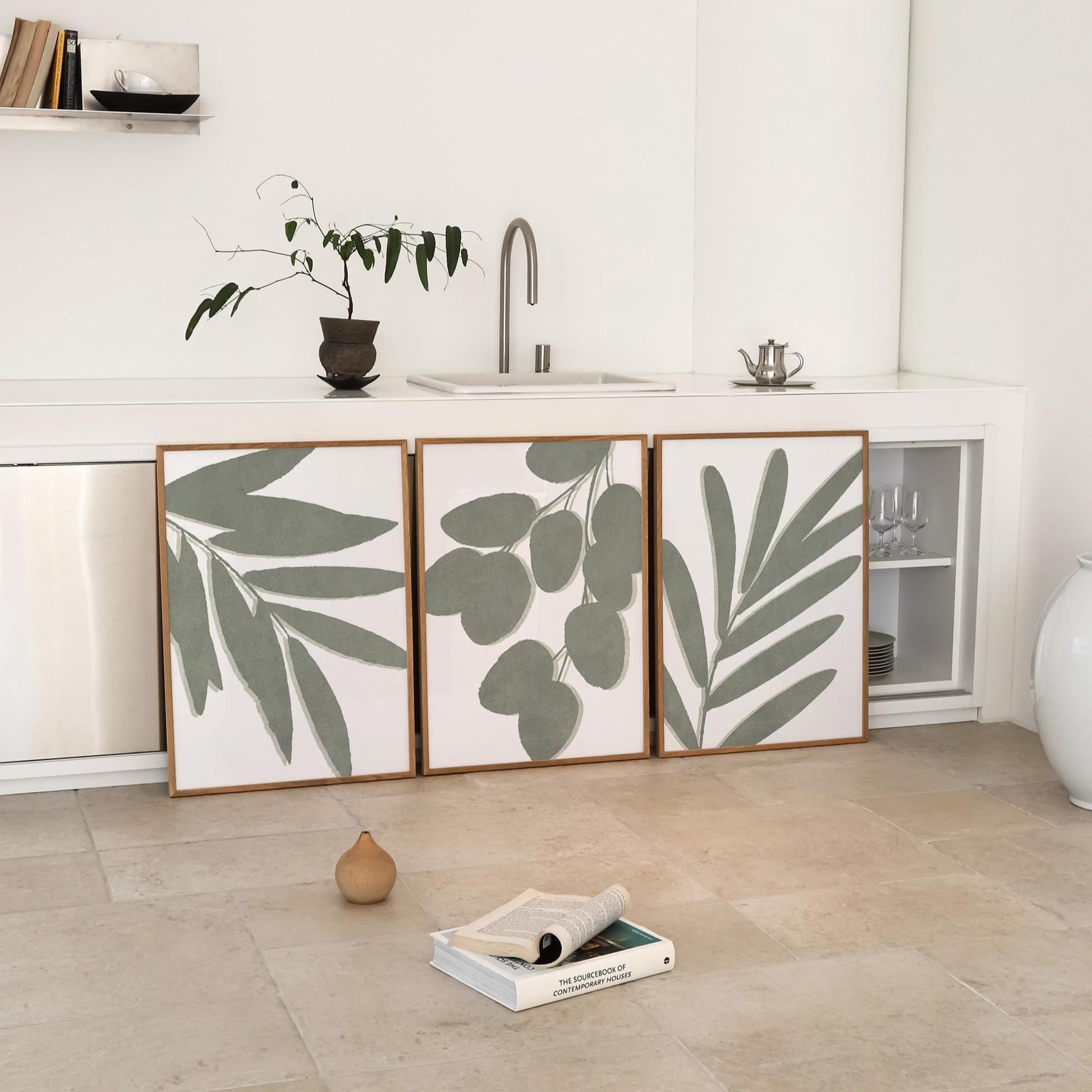 Living Room Wall Art – Sage Green Botanical Prints, Neutral Boho Gallery Wall Set of 3, Scandi, Unframed B191