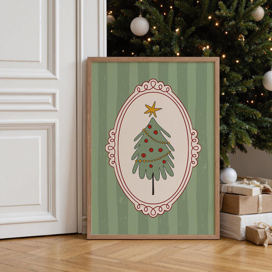 Christmas Tree Print, Hand-Drawn Holiday Wall Art, Vintage Scandinavian Christmas Poster Decor MR51