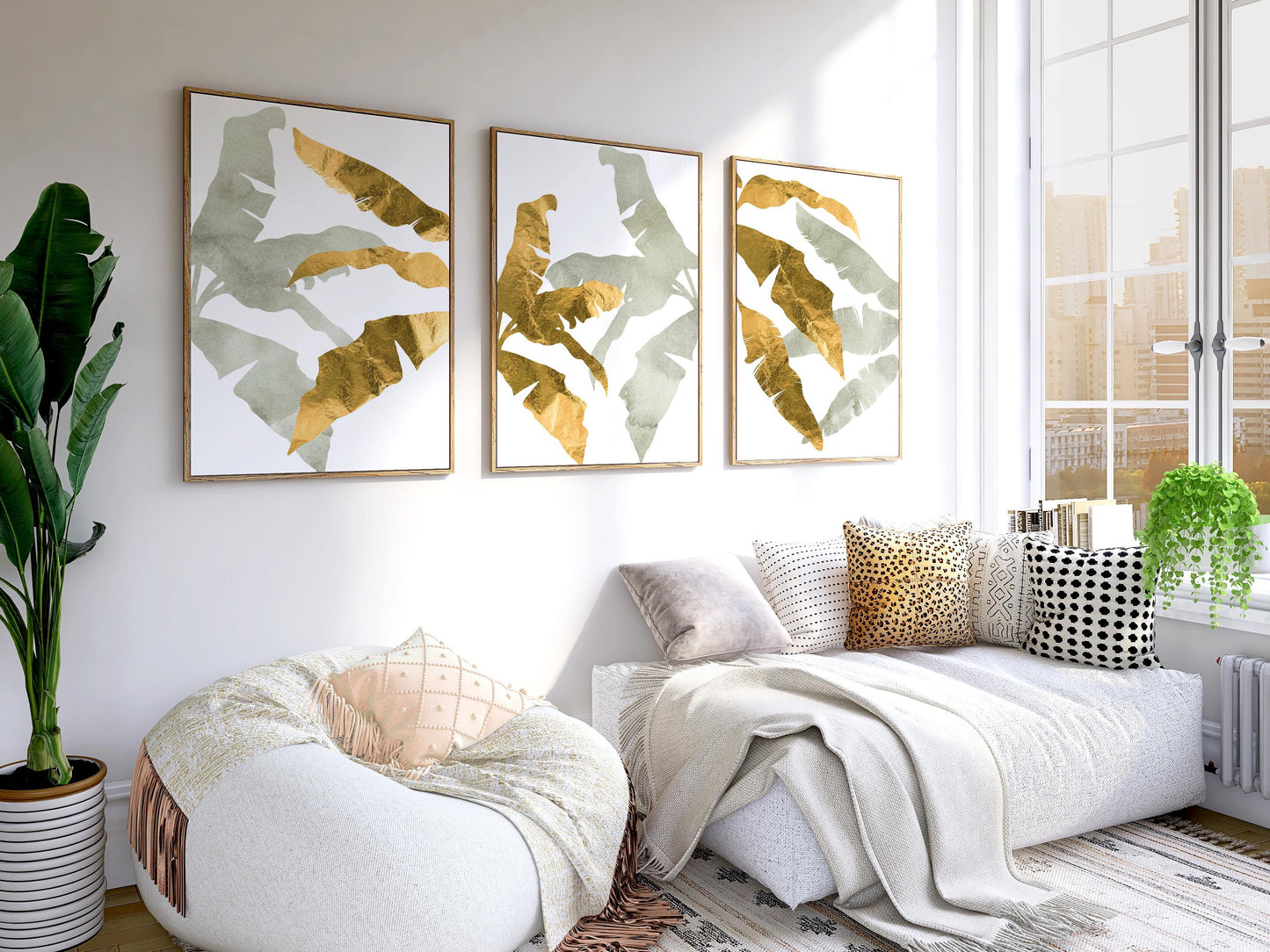 Botanical Wall Art Set of 3 – Neutral Leaf Prints, Minimalist Coastal Decor for Living Room, Bedroom & Kitchen, Giclée B195