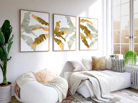 Botanical Wall Art Set of 3 – Neutral Leaf Prints, Minimalist Coastal Decor for Living Room, Bedroom & Kitchen, Giclée B195