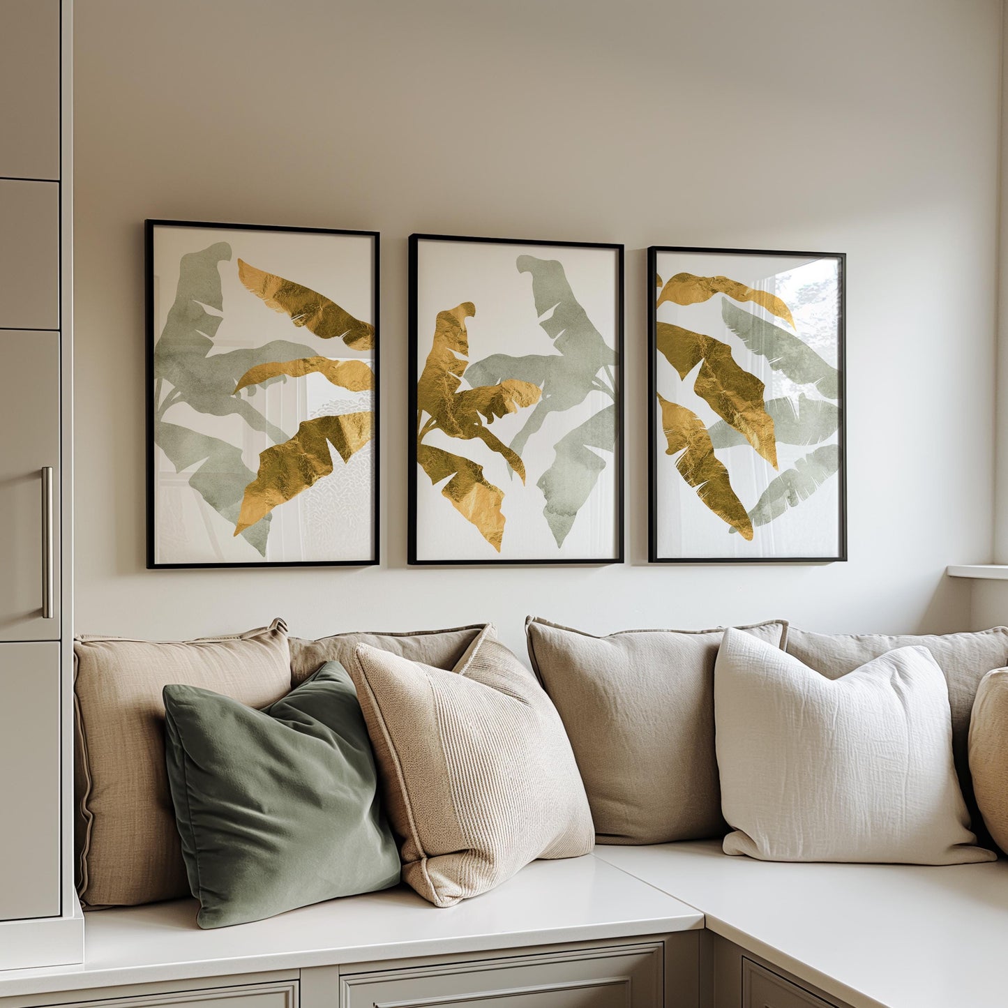 Botanical Wall Art Set of 3 – Neutral Leaf Prints, Minimalist Coastal Decor for Living Room, Bedroom & Kitchen, Giclée B195