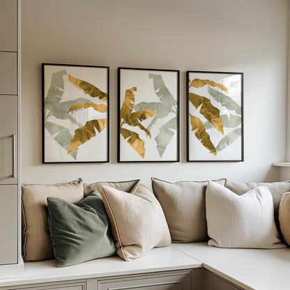 Botanical Wall Art Set of 3 – Neutral Leaf Prints, Minimalist Coastal Decor for Living Room, Bedroom & Kitchen, Giclée B195