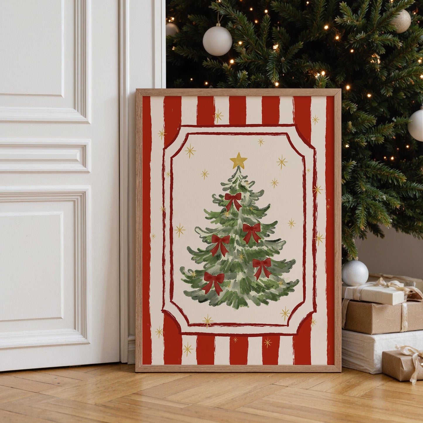 Christmas Tree Poster, Hand-Drawn Holiday Wall Art, Red Bow Christmas Print, Whimsical Girly Coquette Xmas Decor, Unframed MR52