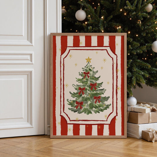 Christmas Tree Poster, Hand-Drawn Holiday Wall Art, Red Bow Christmas Print, Whimsical Girly Coquette Xmas Decor, Unframed MR52