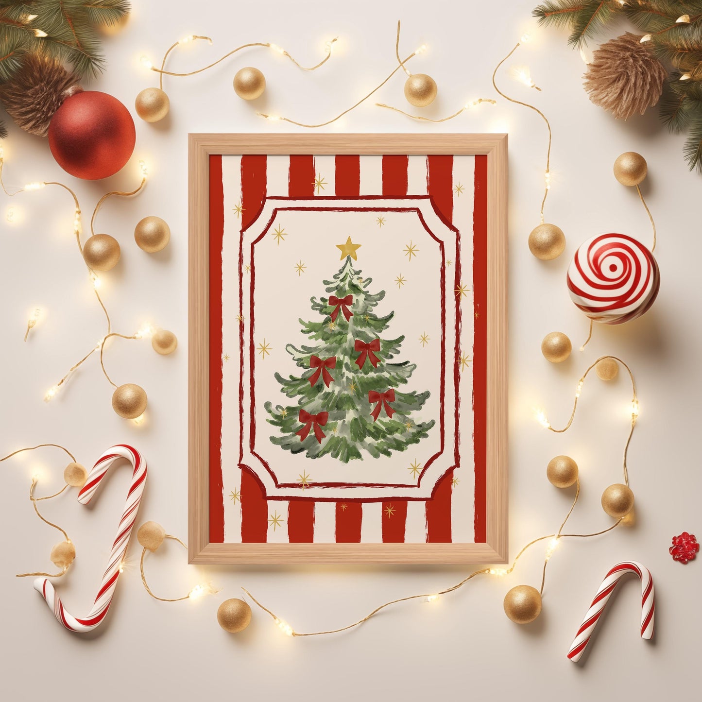 Christmas Tree Poster, Hand-Drawn Holiday Wall Art, Red Bow Christmas Print, Whimsical Girly Coquette Xmas Decor, Unframed MR52