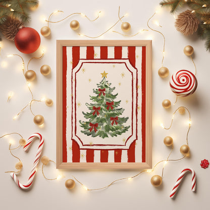 Christmas Tree Poster, Hand-Drawn Holiday Wall Art, Red Bow Christmas Print, Whimsical Girly Coquette Xmas Decor, Unframed MR52