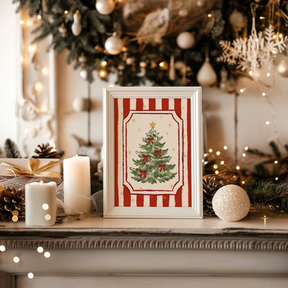 Christmas Tree Poster, Hand-Drawn Holiday Wall Art, Red Bow Christmas Print, Whimsical Girly Coquette Xmas Decor, Unframed MR52