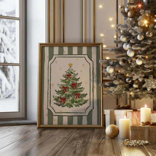 Christmas Tree Poster, Hand-Drawn Holiday Wall Art, Red Bow Christmas Print, Whimsical Girly Coquette Xmas Decor, Unframed MR52