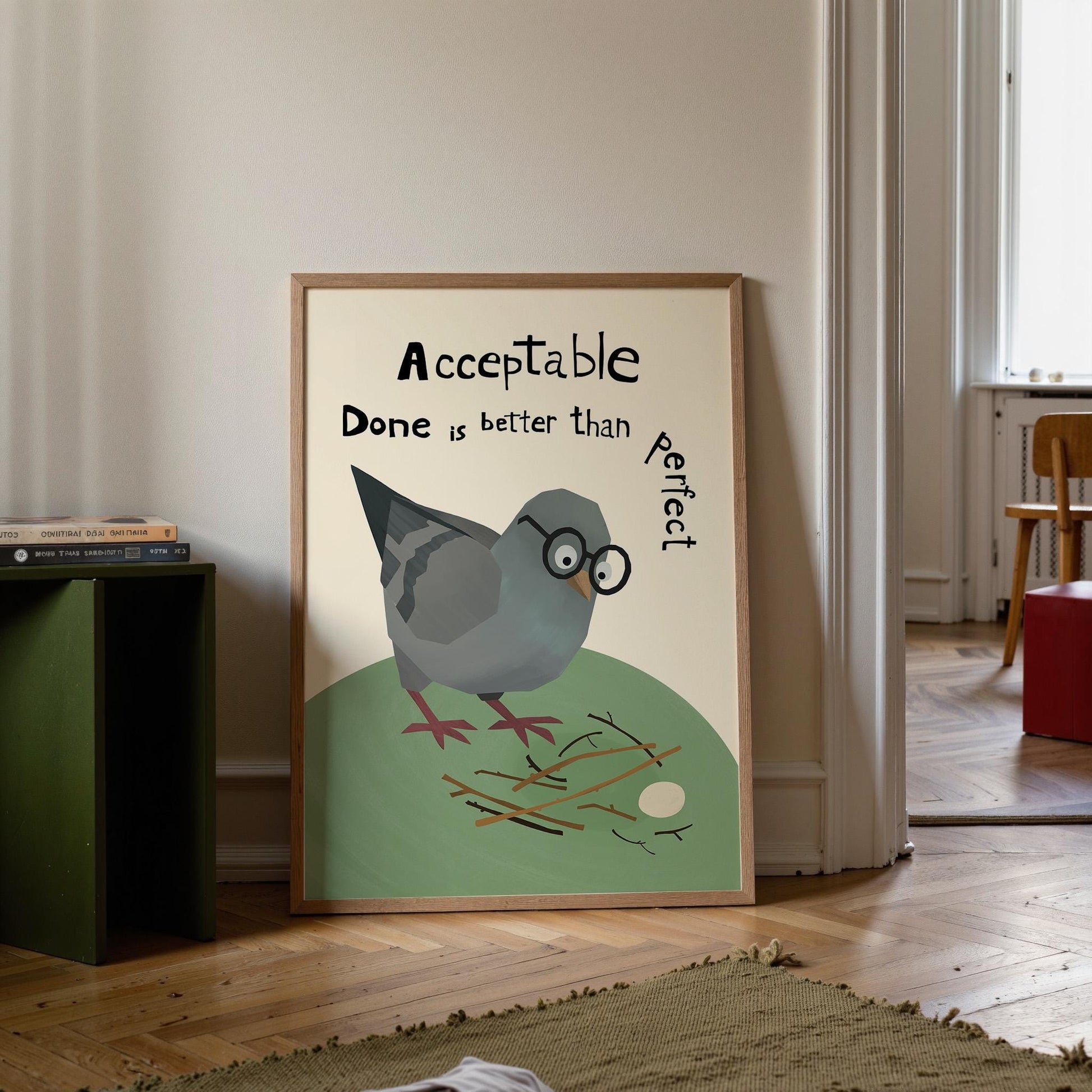 Motivational Poster – Acceptable Nest – Done Is Better Than Perfect – Funny Pigeon Quote Art, Office Wall Decor MR40