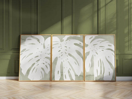 Monstera Leaf Wall Art Set of 3, Sage Green Botanical Prints, Watercolor Plant Triptych, Boho Minimalist Living Room Decor, Unframed B202
