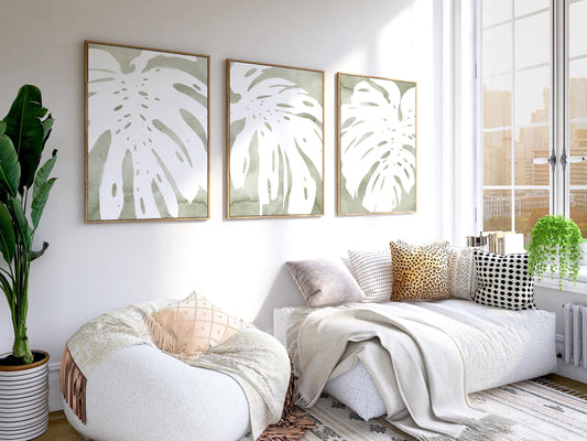 Monstera Leaf Wall Art Set of 3, Sage Green Botanical Prints, Watercolor Plant Triptych, Boho Minimalist Living Room Decor, Unframed B202