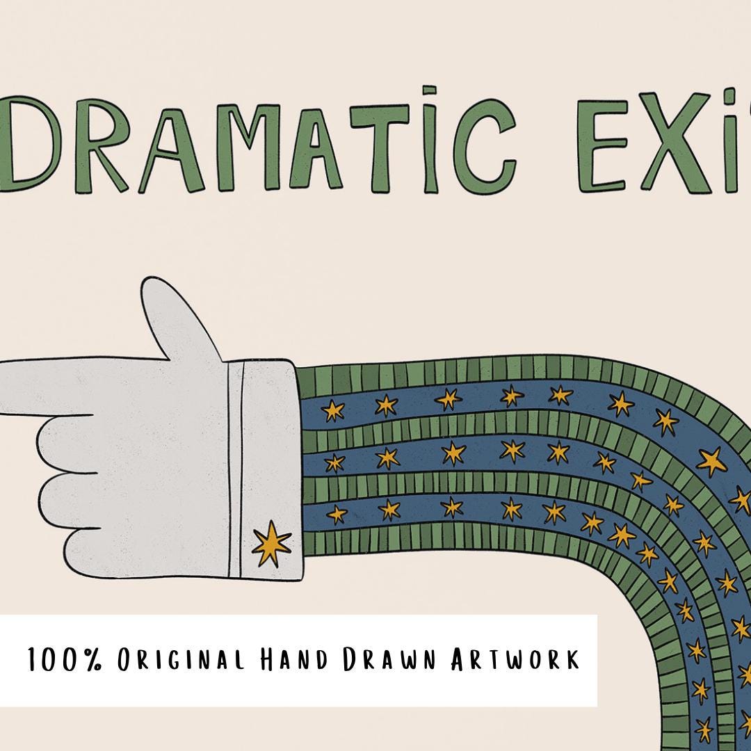 Dramatic Exit Print, Quirky Retro Doodle Poster, Right-Pointing Hand Wall Art for Hallway or Office, Unframed MR46