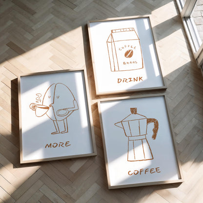 Minimalist Coffee Prints (Set of 3) – Line Art for Kitchen, Dining Room & Bar Decor, Retro Drink Posters D123