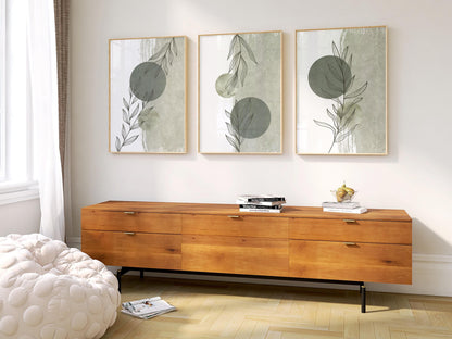 Green Botanical Print Set of 3, Abstract Leaf Poster Trio, Minimal Modern Green Wall Art B216