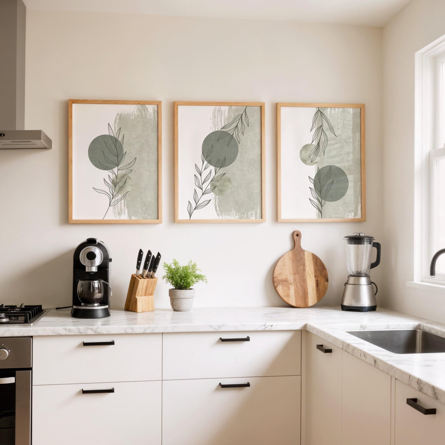 Green Botanical Print Set of 3, Abstract Leaf Poster Trio, Minimal Modern Green Wall Art B216