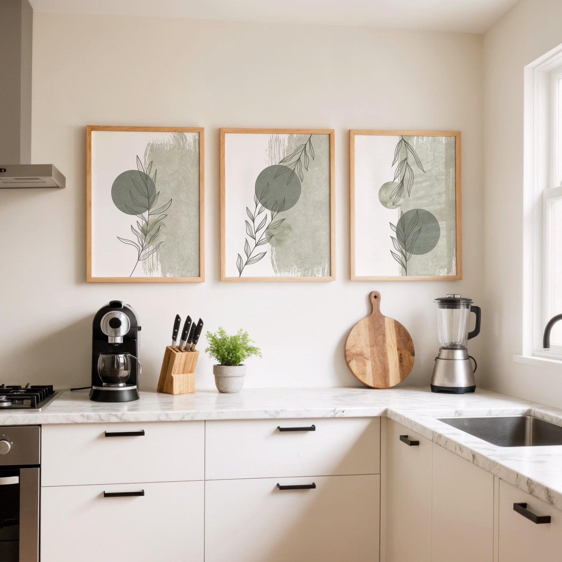 Green Botanical Print Set of 3, Abstract Leaf Poster Trio, Minimal Modern Green Wall Art B216